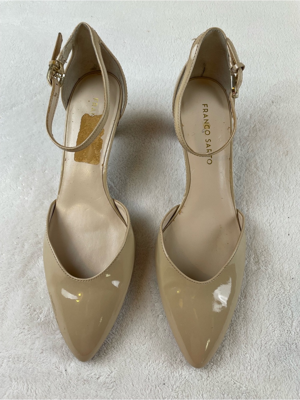 Franco Sarto Beige Patent Leather Pointed-Toe Ankle-Strap Heels